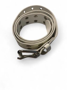 Y2K White Faux Leather Double Grommet Belt - 39” Long